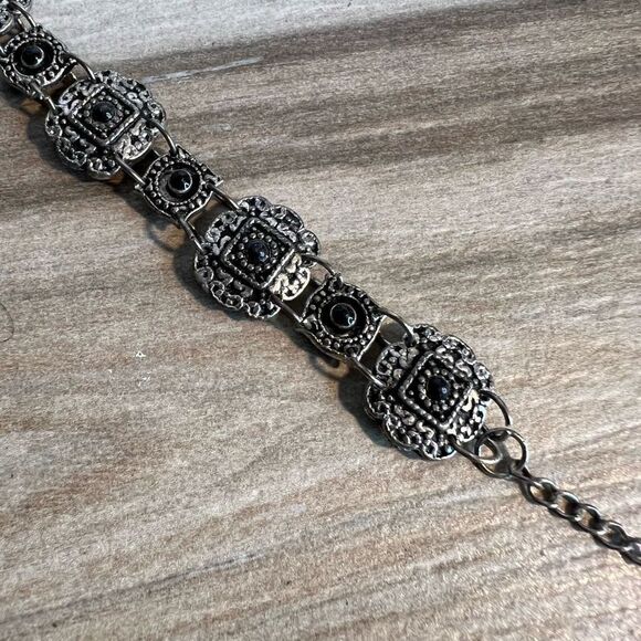 Southwest Black Stone Bracelet Silver Tone Rustic Cowgirl Square Filagree - Picture 2 of 6